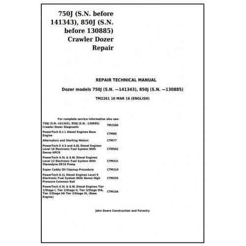 TM2261 John Deere 750J, 850J Crawler Dozer Pdf Repair Service Technical Manual