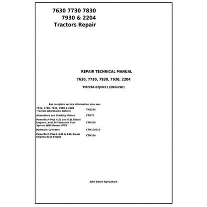 TM2266 John Deere 7630, 7730, 7830, 7930 & 2204 Tractor Pdf Repair Technical Manual