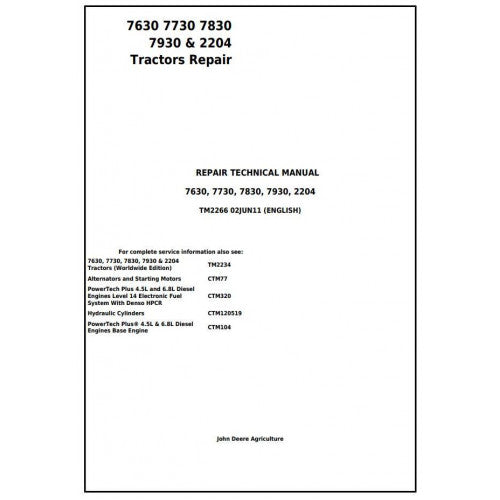 TM2266 John Deere 7630, 7730, 7830, 7930 & 2204 Tractor Pdf Repair Technical Manual