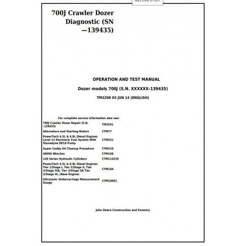 TM2290 John Deere 700J Crawler Dozer Pdf Diagnostic, Operation and Test Service Manual