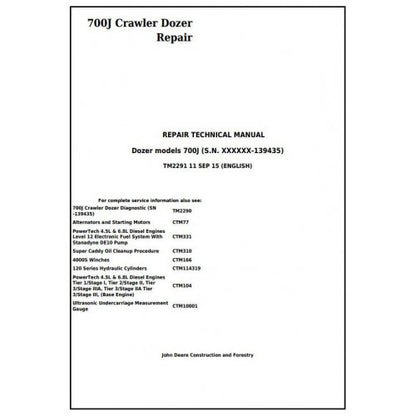 TM2291 John Deere 700J Crawler Dozer Pdf Repair Service Technical Manual