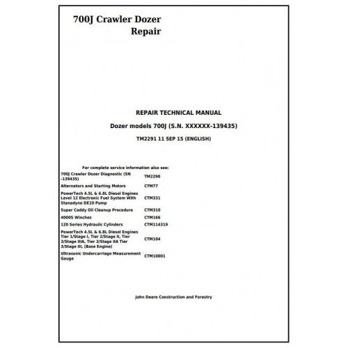 TM2291 John Deere 700J Crawler Dozer Pdf Repair Service Technical Manual