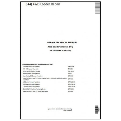 TM2307 John Deere 844J 4WD Loader Pdf Repair Service Technical Manual