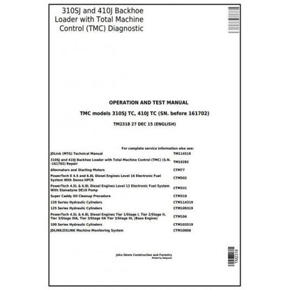 TM2318 John Deere 310SJ TC, 410J TC Backhoe Loader Pdf Diagnostic, Operation and Test Service Manual