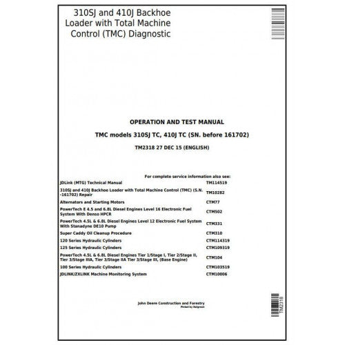 TM2318 John Deere 310SJ TC, 410J TC Backhoe Loader Pdf Diagnostic, Operation and Test Service Manual