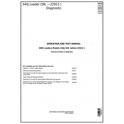 TM2326 John Deere 344J 4WD Loader Pdf Diagnostic, Operation and Test Service Manual