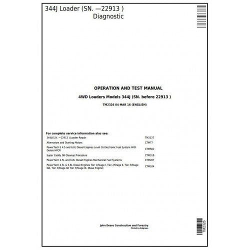 TM2326 John Deere 344J 4WD Loader Pdf Diagnostic, Operation and Test Service Manual