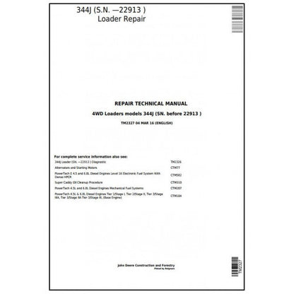 TM2327 John Deere 344J 4WD Loader Pdf Repair Service Technical Manual