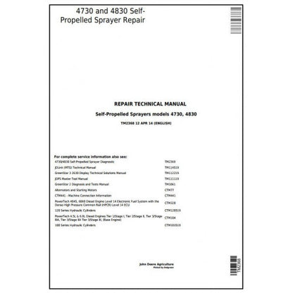 TM2368 John Deere 4730 and 4830 Self-Propelled Sprayers Pdf Technical Service Manual