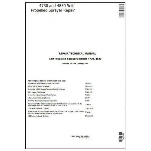 TM2368 John Deere 4730 and 4830 Self-Propelled Sprayers Pdf Technical Service Manual