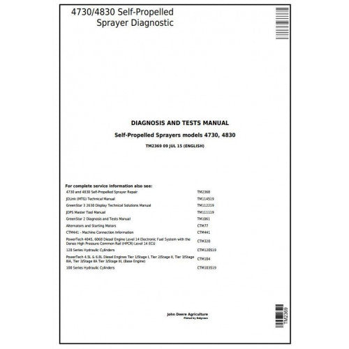 TM2369 John Deere 4730, 4830 Self-Propelled Sprayers Pdf Diagnosis and Tests Service Manual
