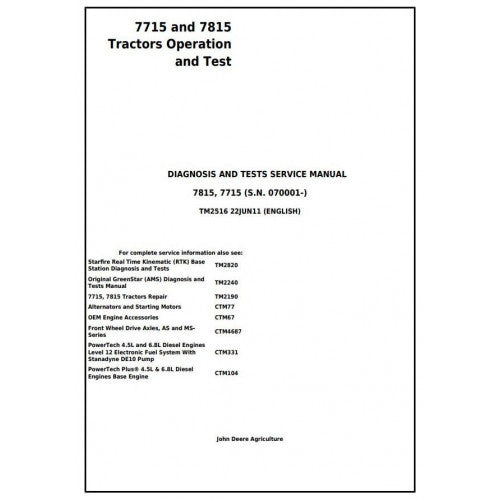 TM2516 John Deere 7715, 7815 Tractor Pdf Diagnostic, Operation and Test Service Manual