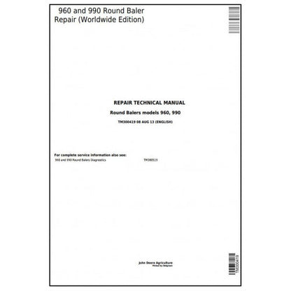 TM300419 John Deere 960 and 990 Hay and Forage Round Baler Pdf Technical Service Manual