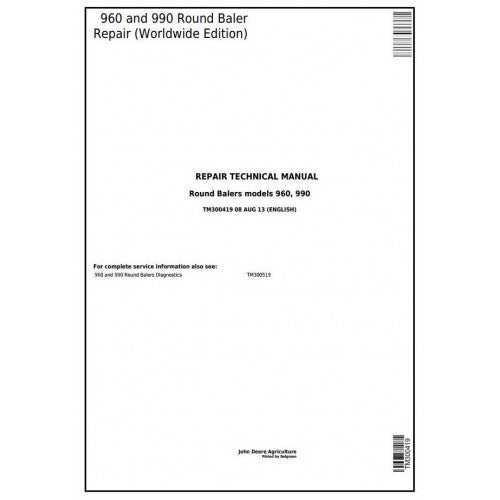 TM300419 John Deere 960 and 990 Hay and Forage Round Baler Pdf Technical Service Manual