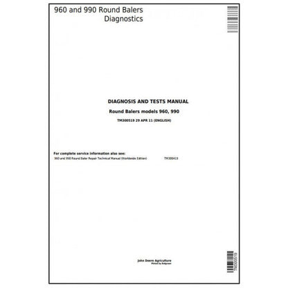 TM300519 John Deere 960, 990 Hay and Forage Round Balers Pdf Diagnosis and Tests Service Manual