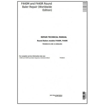 TM300919 John Deere F440M, F440R Hay and Forage Round Baler Pdf Technical Service Manual