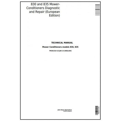 TM301319 John Deere 830, 835 Forage Mower-Conditioner Pdf Technical Service Manual