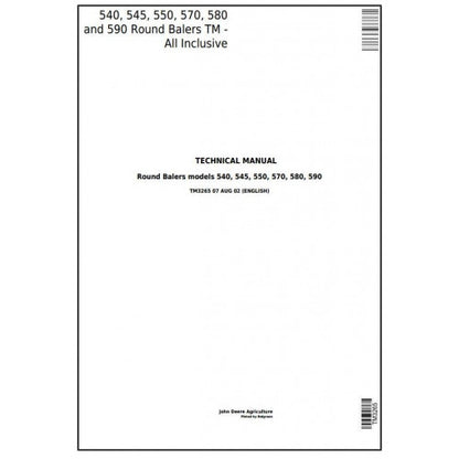 TM3265 John Deere 540, 545, 550, 570, 580, 590 Hay & Forage Round Balers All Inclusive Pdf Technical Service Manual
