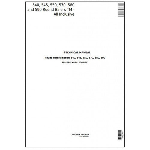 TM3265 John Deere 540, 545, 550, 570, 580, 590 Hay & Forage Round Balers All Inclusive Pdf Technical Service Manual