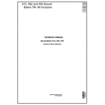TM3294 John Deere 572, 582 and 592 Hay and Forage Round Balers Pdf Technical Service Manual