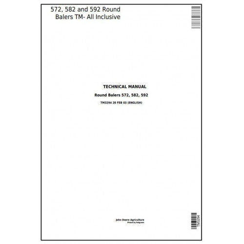 TM3294 John Deere 572, 582 and 592 Hay and Forage Round Balers Pdf Technical Service Manual