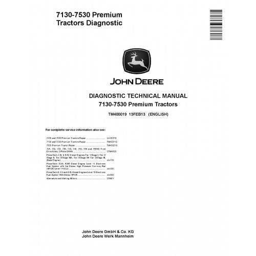 TM400019 John Deere 7130, 7230, 7330, 7430 and 7530 Premium Tractor Pdf Diagnostic Technical Manual