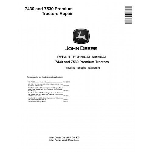 TM400319 John Deere 7430 and 7530 Premium Tractor Pdf Repair Service Technical Manual