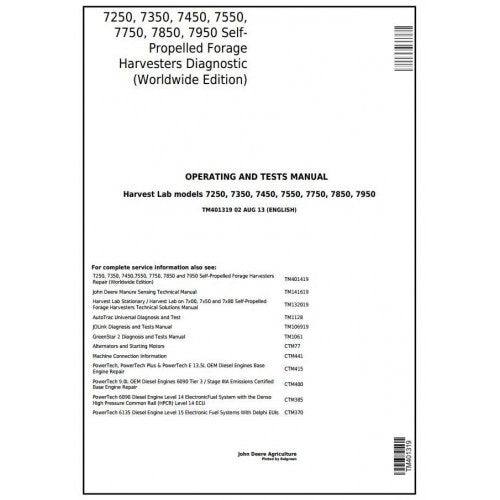 TM401319 John Deere 7250, 7350, 7450, 7550, 7750, 7850, 7950 Forage Harvesters Pdf Operation and Tests Manual