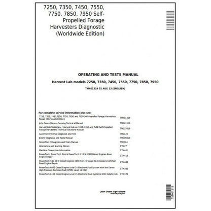 TM401319 John Deere 7250, 7350, 7450, 7550, 7750, 7850, 7950 Forage Harvesters Pdf Operation and Tests Manual