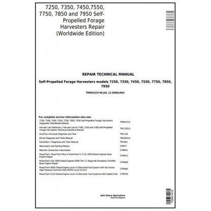 TM401419 John Deere 7250, 7350, 7450, 7550, 7750, 7850, 7950 Forage Harvesters Pdf Technical Service Manual