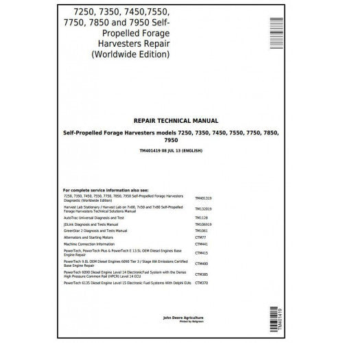 TM401419 John Deere 7250, 7350, 7450, 7550, 7750, 7850, 7950 Forage Harvesters Pdf Technical Service Manual