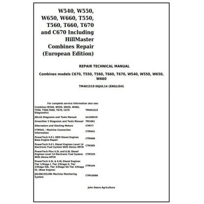 TM401519 John Deere W540, W550, W650, W660, T550, T560, T660, T670, C670 Combines Pdf Technical Service Manual