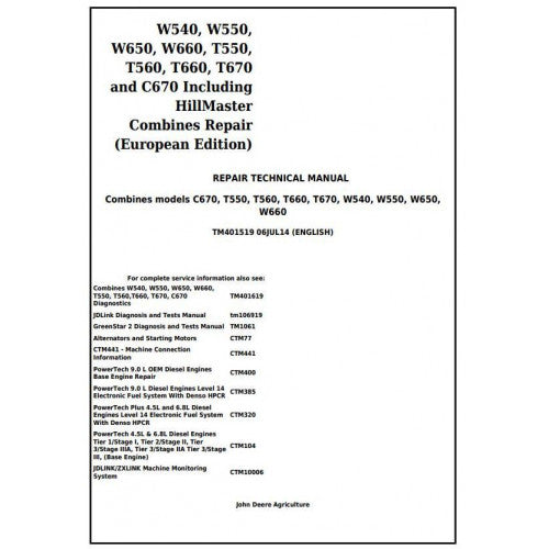 TM401519 John Deere W540, W550, W650, W660, T550, T560, T660, T670, C670 Combines Pdf Technical Service Manual