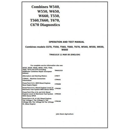 TM401619 John Deere W540, W550, W650, W660, T550, T560, T660, T670, C670 Combines Pdf Operation and Tests Manual