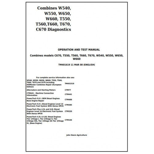 TM401619 John Deere W540, W550, W650, W660, T550, T560, T660, T670, C670 Combines Pdf Operation and Tests Manual