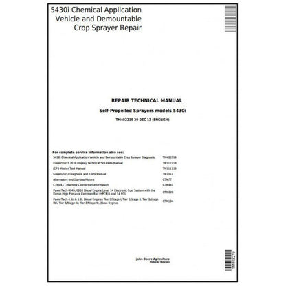 TM402219 John Deere 5430i Demountable Self-Propelled Crop Sprayer Pdf Technical Service Manual