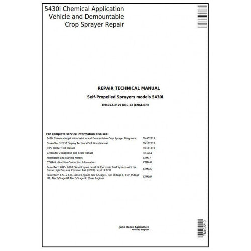 TM402219 John Deere 5430i Demountable Self-Propelled Crop Sprayer Pdf Technical Service Manual