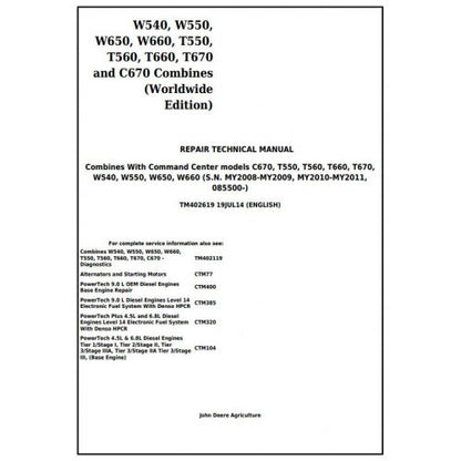 TM402619 John Deere W540, W550, W650, W660, T550, T560, T660, T670, C670 Combines Pdf Technical Service Manual