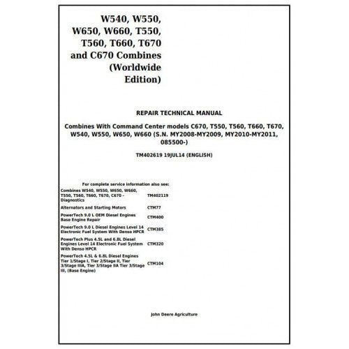 TM402619 John Deere W540, W550, W650, W660, T550, T560, T660, T670, C670 Combines Pdf Technical Service Manual