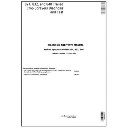 TM403419 John Deere 824, 832, 840 Trailed Crop Sprayers Pdf Diagnosis and Tests Service Manual