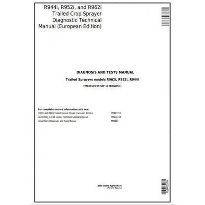TM403519 John Deere R944i, R952i, R962i Trailed Crop Sprayer Pdf Diagnosis and Tests Service Manual