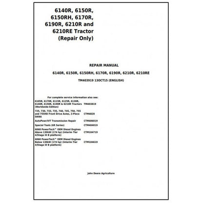 TM403919 John Deere 6140R, 6150R, 6150RH, 6170R, 6190R, 6210R, 6210RE Tractor Pdf Repair Service Technical Manual