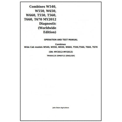 TM404119 John Deere W540, W550, W650, W660, T550, T560, T660, T670 Combines Pdf Operation and Tests Manual