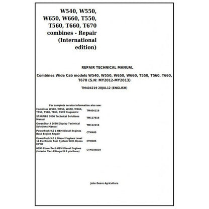 TM404219 John Deere W540, W550, W650, W660, T550, T560, T660, T670 Combines Pdf Technical Service Manual