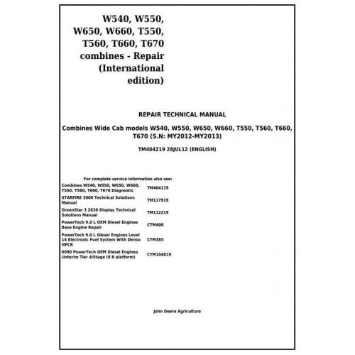 TM404219 John Deere W540, W550, W650, W660, T550, T560, T660, T670 Combines Pdf Technical Service Manual