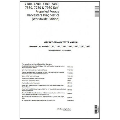 TM404319 John Deere 7180, 7280, 7380, 7480, 7580, 7780, 7980 Forage Harvesters Pdf Operation and Tests Manual