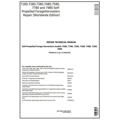 TM404419 John Deere 7180, 7280, 7380, 7480, 7580, 7780, 7980 Forage Harvester Pdf Technical Service Manual