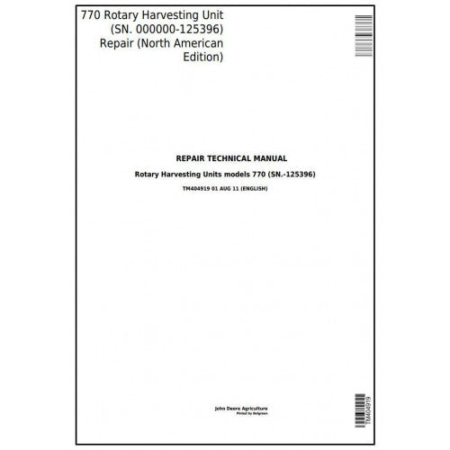 TM404919 John Deere 770 Rotary Harvesting Unit (SN. 000000-125396) Pdf Technical Service Manual