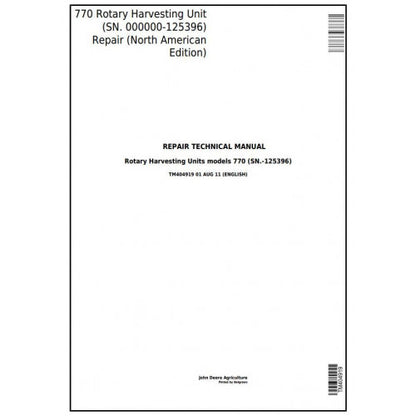 TM404919 John Deere 770 Rotary Harvesting Unit (SN. 000000-125396) Pdf Technical Service Manual