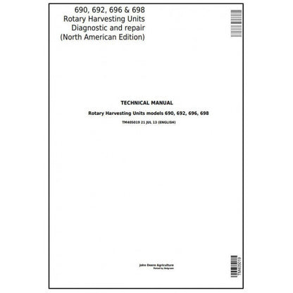 TM405019 John Deere 690, 692, 696, 698 Rotary Harvesting Unit Pdf Technical Service Manual